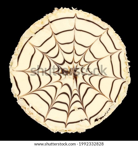 Cake with white cream and chocolate dressing in the form of a spiderweb isolated on black