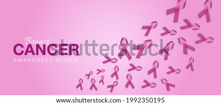 Breast Cancer Awareness Month. Ribbons and balloons in pink. Realistic vector llustration