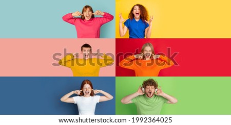 Screaming in headphones. Portrait of young people on colorful background. Flyer, art collage made of male and female models. Concept of human emotions, facial expression, sales, ad. Copyspace.