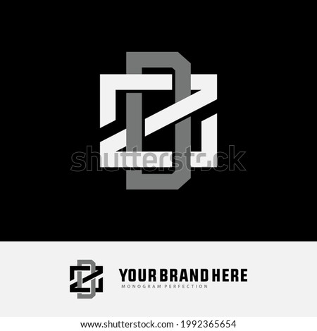 Initial letters Z, D, ZD or DZ overlapping, interlocked monogram logo, white and gray color on black background