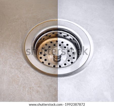 Compare image before - after cleaning with special detergent of the dirty stainless sink in a cafe that been using a long time with coffee wasted. Brown color from the coffee stain on a stainless sink Royalty-Free Stock Photo #1992387872