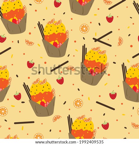 Cute seamless pattern with cartoon sweets and dessert for fabric print, textile, gift wrapping paper. colorful vector for kids, flat style
