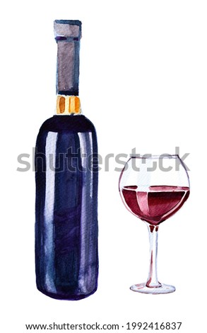 Watercolor traditional vine bottle and glass of vine isolated on white background. Watercolor illustration of drink. Menu concept design.