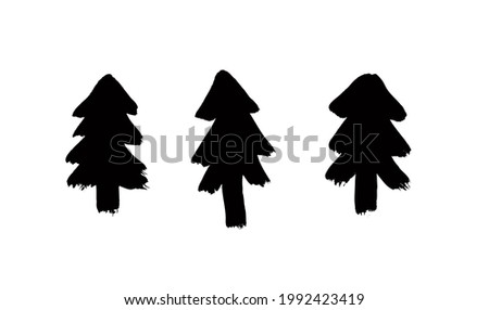 Paint drawing set of black Christmas trees on white background. Hand drawn abstract illustration grunge elements. Abstract forest objects for design use