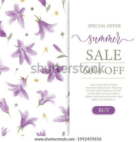 Summer sale banner with hand drawn wild meadow flowers bells. Floral pattern design