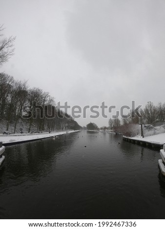 A very scenic winter landscape full of fresh white snow, bushes, trees and small river. Small village behind. High quality photo