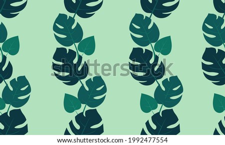 seamless pattern with Monstera leaves of different sizes making vertical lines, made in vector. Pattern for background, packaging, decor, wallpaper, textile. 