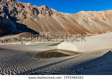 Sand dunes of small desert in Nubra valley in Himalayas. Hunder, Nubra valley, Ladakh Royalty-Free Stock Photo #1992486365
