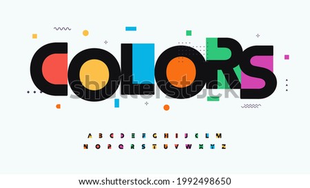 Colors font alphabet letters. Modern logo typography. Color creative art typographic design. Festive letter set for rainbow logo, headline, color cover title, joy monogram. Isolated vector typeset Royalty-Free Stock Photo #1992498650