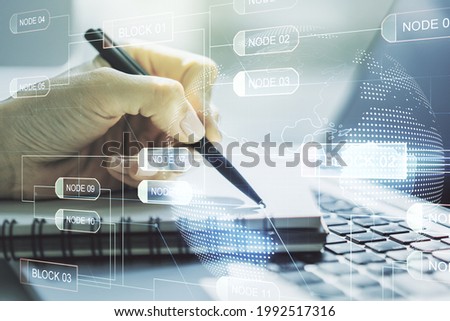 Multi exposure of abstract graphic coding sketch with world map and hand writing in diary on background with laptop, big data and networking concept