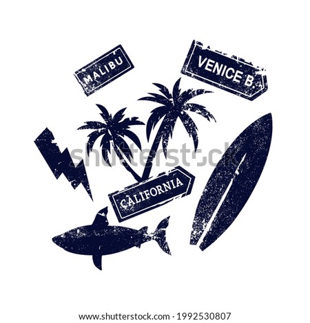 Summer t-shirt print.Fun t-shirt design.Surfboard,shark,palm,road board vector illustration.Textile graphics, print.