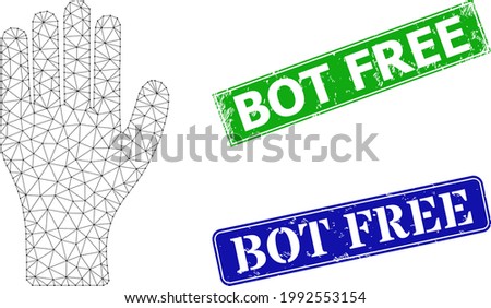 Net human hand model, and Bot Free blue and green rectangle scratched stamp seals. Mesh wireframe illustration created from human hand pictogram.