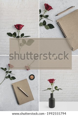 Collage of four images with red rose with notepad and cup of coffee. Social media Post. Copy space.