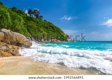 Tropical paradise. Sandy beach, warm sea and waves with white foam under a bright blue sky. Best place for summer holiday