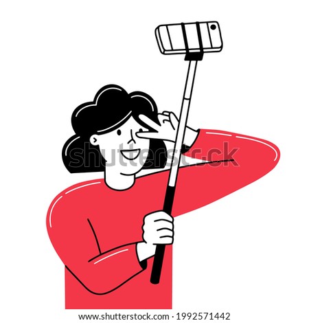Girl takes selfie on smartphone with stick, doodle style