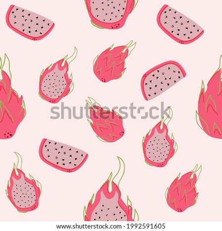 Seamless pattern of dragon fruit on pink background. Flat illustration.