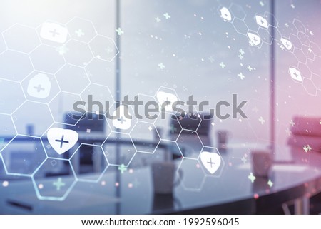Abstract virtual medical hologram on a modern coworking room background, online medical consulting concept. Multiexposure
