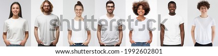 White t-shirt people. Collage of many men and women wearing blank tshirt with copy space for your text or logo Royalty-Free Stock Photo #1992602801