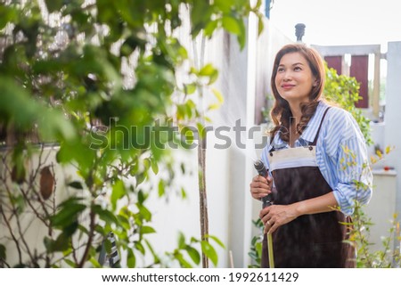 Adult Asian housewife wearing apron holding water sprayer and watering small plant in small backyard house garden with happiness.