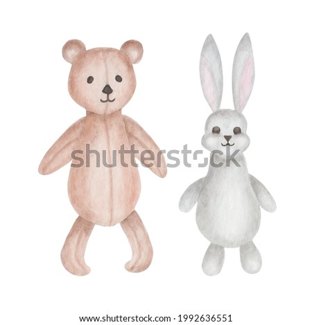 Watercolor cute cartoon toys grey hare bunny with long ears and brown teddy bear isolated on white. Hand painted character, clip art elements perfect for children fabric textile print, poster, design