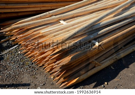 Czech wood production is processed into products for horticultural anchoring of trees. pointed milled spruce poles in large bundles and warehouses for sale, stake, stakes, glade, forestry