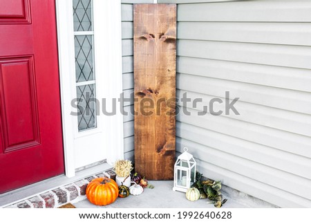 Blank brown large front porch wood sign with fall decor, thanksgiving mockup