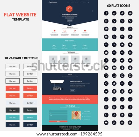 Website interface template- one page and set of buttons and flat icons. Modern flat style. Vector Royalty-Free Stock Photo #199264595