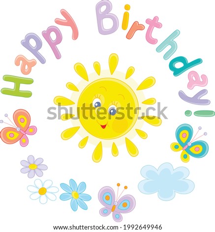 Birthday card with a cute friendly smiling yellow sun and colorful merry butterflies flittering over summer flowers, vector cartoon illustration isolated on a white background