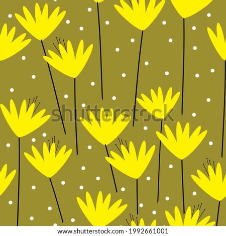 Seamless vintage pattern abstract . mustard background. yellow flowers. yellow dots. trend print for textiles and wallpaper.