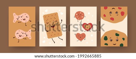 Set of contemporary posters with cute biscuit characters. Fish, heart, circle cookies, cracker cartoon vector illustrations. Food, bakery concept for designs, social media, postcards, invitation cards
