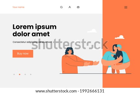 Cartoon character taking child away from mother. Flat vector illustration. Father pulling his hands to little boy sitting in arms of mother. Childhood, family, relationship concept for design