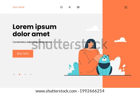 Cartoon woman stroking happy dog. Flat vector illustration. Female owner showing tenderness to her pet and petting it with love. Animal, pet, care, love concept for banner design or landing page