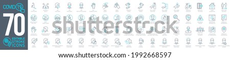 Prevention and symptoms Coronavirus Covid19 line icons set isolated on white. Perfect outline health medicine symbols pandemic banner. Vector design elements covid virus treatment with editable Stroke Royalty-Free Stock Photo #1992668597