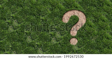 Landscaping questions and Lawn disease question mark as grub damage damaging grass roots causing a brown patch and drought area in the turf representing gardening information or garden help. Royalty-Free Stock Photo #1992672530