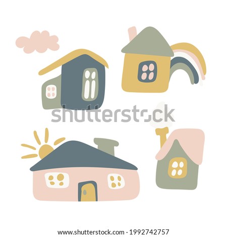 Set of four beautiful cute houses of different shapes in pastel colors. Perfect for wallpapers, greeting cards, fabrics, textiles, web designs. Hand-drawn. Vector illustration.