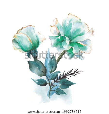 Watercolor Floral Illustration. Abstract Branch of Flowers Clip Art. Botanic Composition for Greeting Card or Invitation. Turquoise Roses.