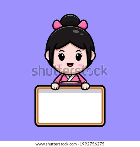 cute girl wearing kimono dress holding blank text board cartoon illustration