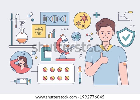 Vaccinated characters and medical laboratory equipment. flat design style minimal vector illustration.