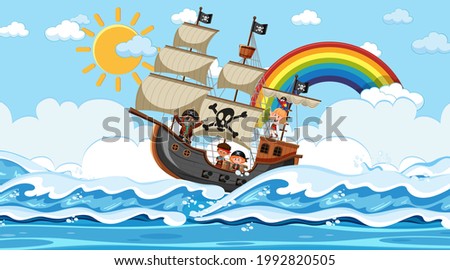 Beach with Pirate ship at daytime scene in cartoon style illustration