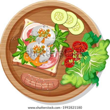 Top view of breakfast set in a dish in cartoon style isolated illustration