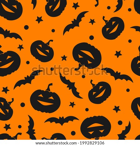 Seamless pattern with pumpkins bats stars. Halloween background. Illustration for textile, print, card, invitation, wallpaper, fabric