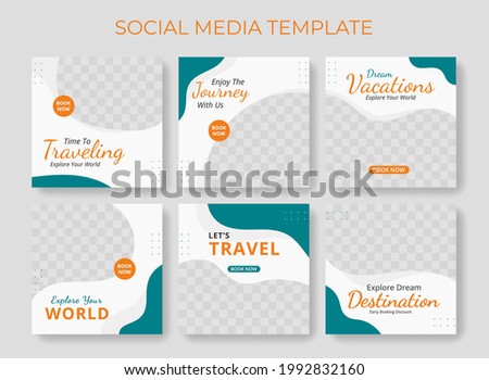Editable template post for social media ad. web banner ads for travel promotion .design with green and orange color. 