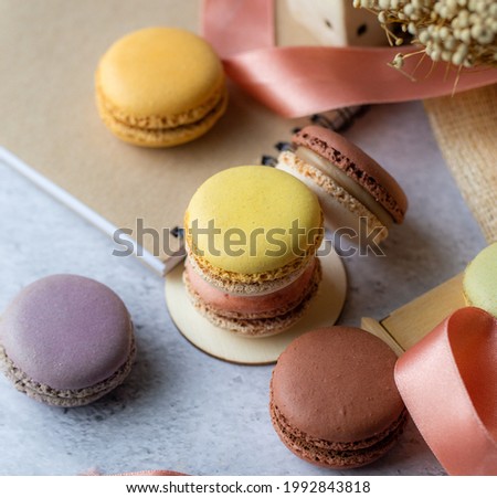 Earth tone macaron set. mix color , mix flavor, french dessert. Food issue. Focus selection. 