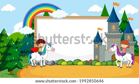 Blank banner in the forest scene with fairy tales cartoon character and elements illustration