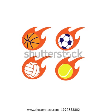 Sports Football Basketball Volleyball Tennis Balls in Fire Burn Burning Vector