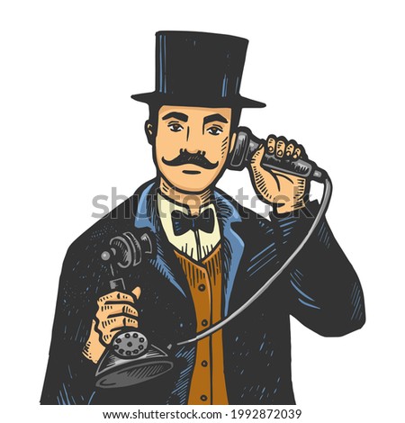 Gentleman with old fashioned phone line art sketch engraving vector illustration. T-shirt apparel print design. Scratch board imitation. Black and white hand drawn image.