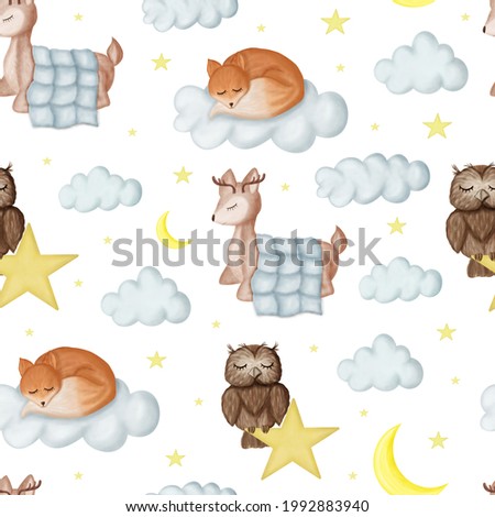 Seamless pattern with sleeping baby animals - cute deer, brown owl and red fox. Can be used for nursery room, wallpaper print, baby clothers print and other.