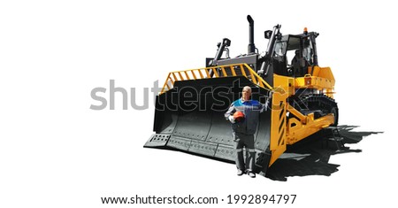 Yellow bulldozer with driver on white isolated background, industrial machines for mineral building.