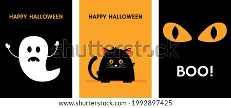 Halloween vector posters. Minimalistic halloween cards. Cute ghost and cat. Happy halloween concept.