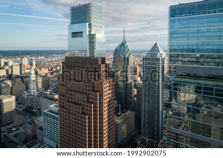 Philadelphia Skyline with Downtown Skyscrapers and Cityscape. Pennsylvania, USA. Reflection on Skyscrapers. Drone view of point.